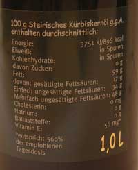 Nährwertangabe auf der Kernölflasche