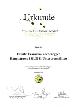 Urkunde Kürbiskernöl Championat Familie Zachenegger